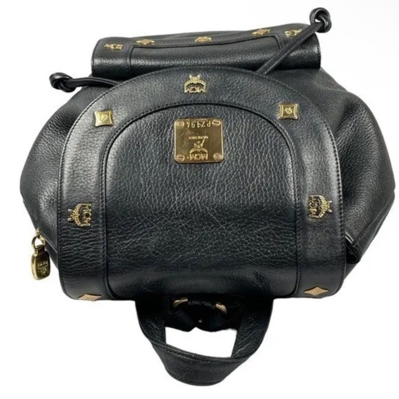 Mcm Black Calf Pebbled Leather Multi Gold Studded Flap Drawstring Backpack🖤 - Picture 13 of 16